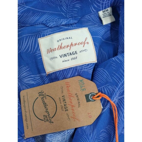 Weatherproof Vintage Mens Blue Tropical Leaf Print Short Sleeve Button-Up Shirt. - Picture 3 of 7